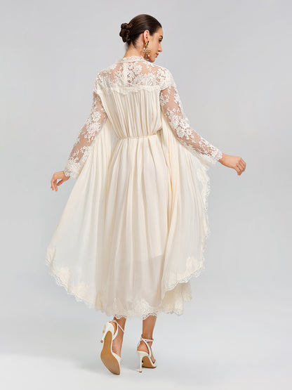 100% Tasar Silk Lace-Panel Dress (Waist Tie Included)