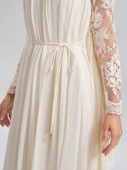 100% Tasar Silk Lace-Panel Dress (Waist Tie Included)