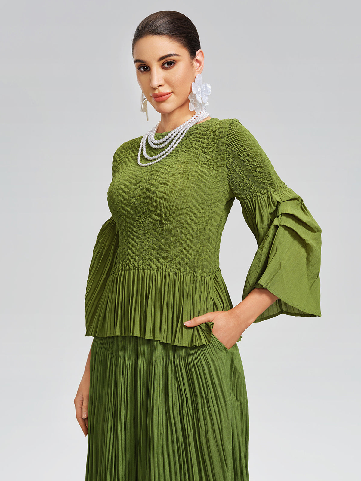 Pleated Fuzzy-Trim Mermaid Stretch Set