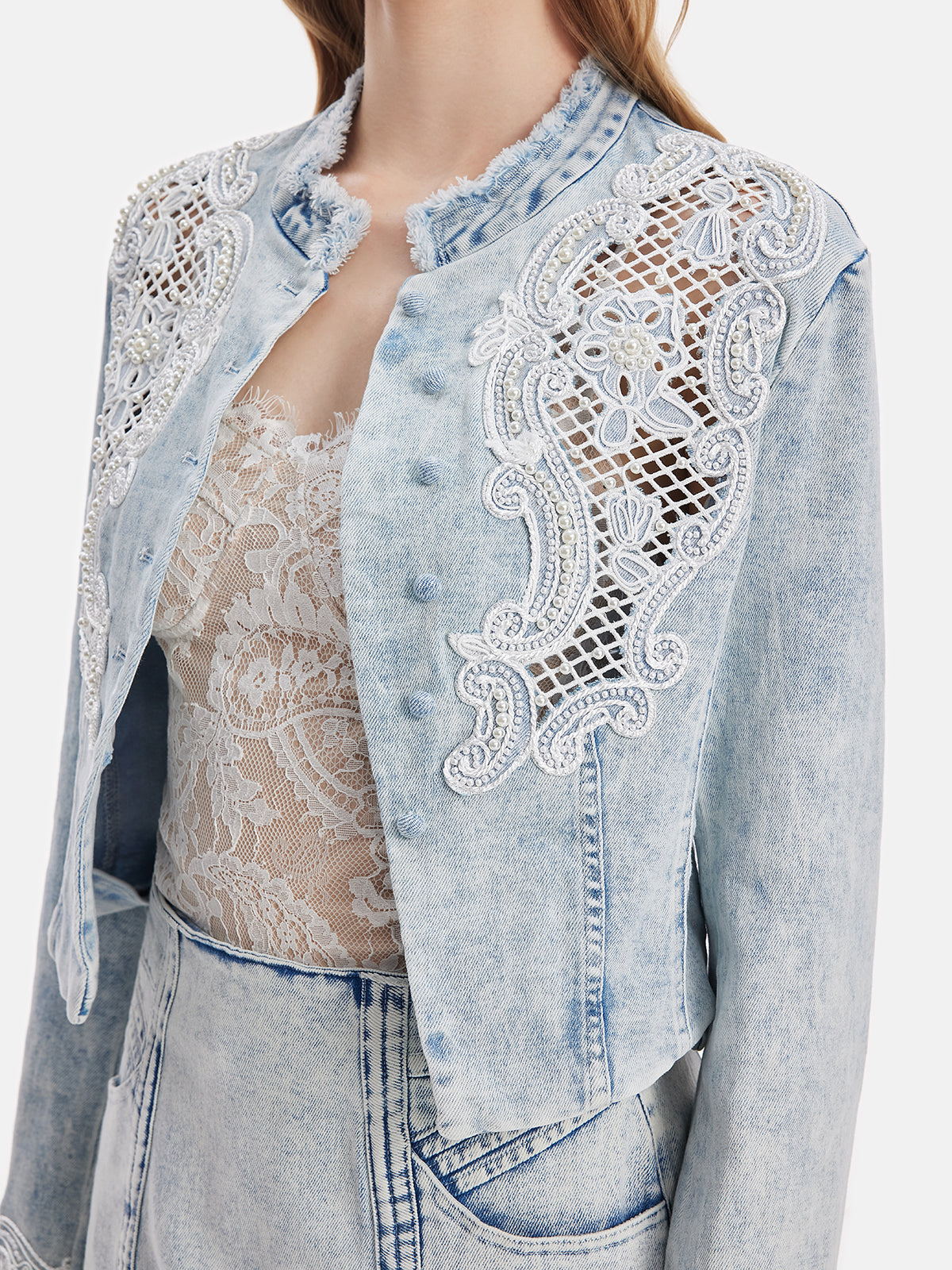 French Lace Embroidered Denim Jacket