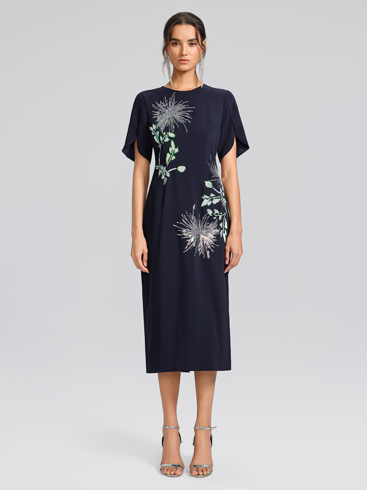 Navy Sequin Embroidered Short-Sleeve Dress
