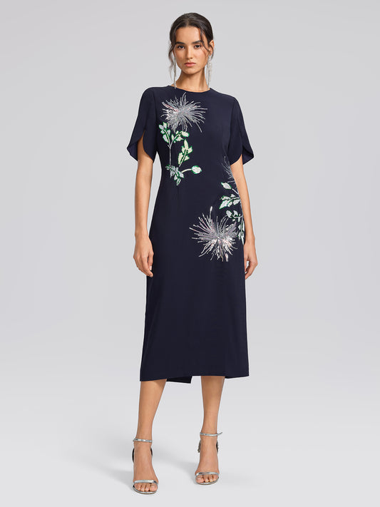 Navy Sequin Embroidered Short-Sleeve Dress