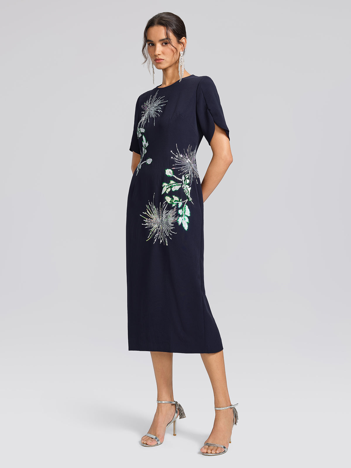 Navy Sequin Embroidered Short-Sleeve Dress
