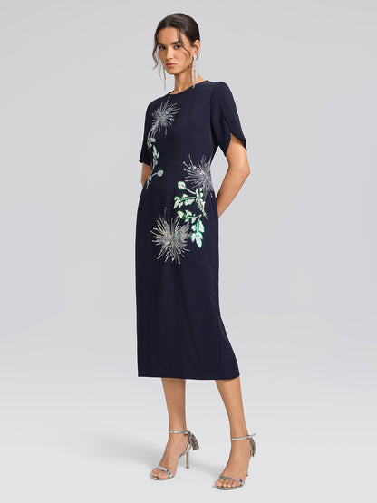 Navy Sequin Embroidered Short-Sleeve Dress