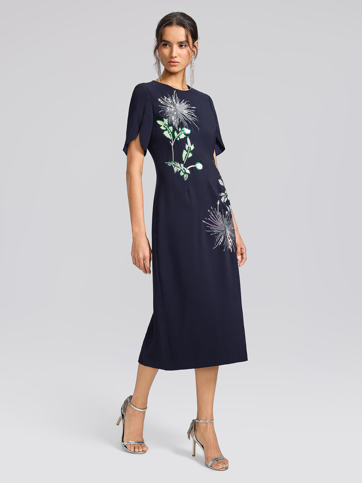 Navy Sequin Embroidered Short-Sleeve Dress