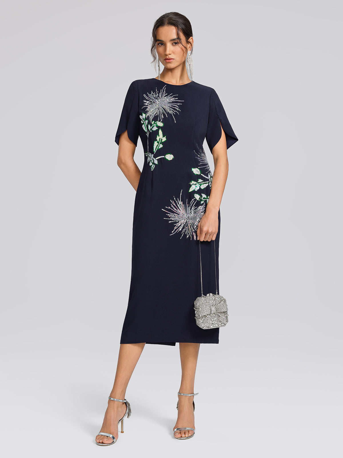 Navy Sequin Embroidered Short-Sleeve Dress