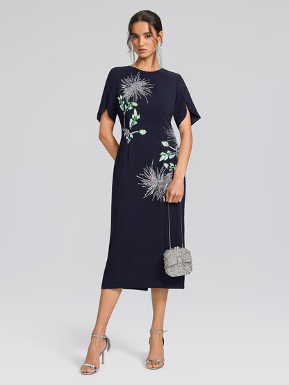 Navy Sequin Embroidered Short-Sleeve Dress