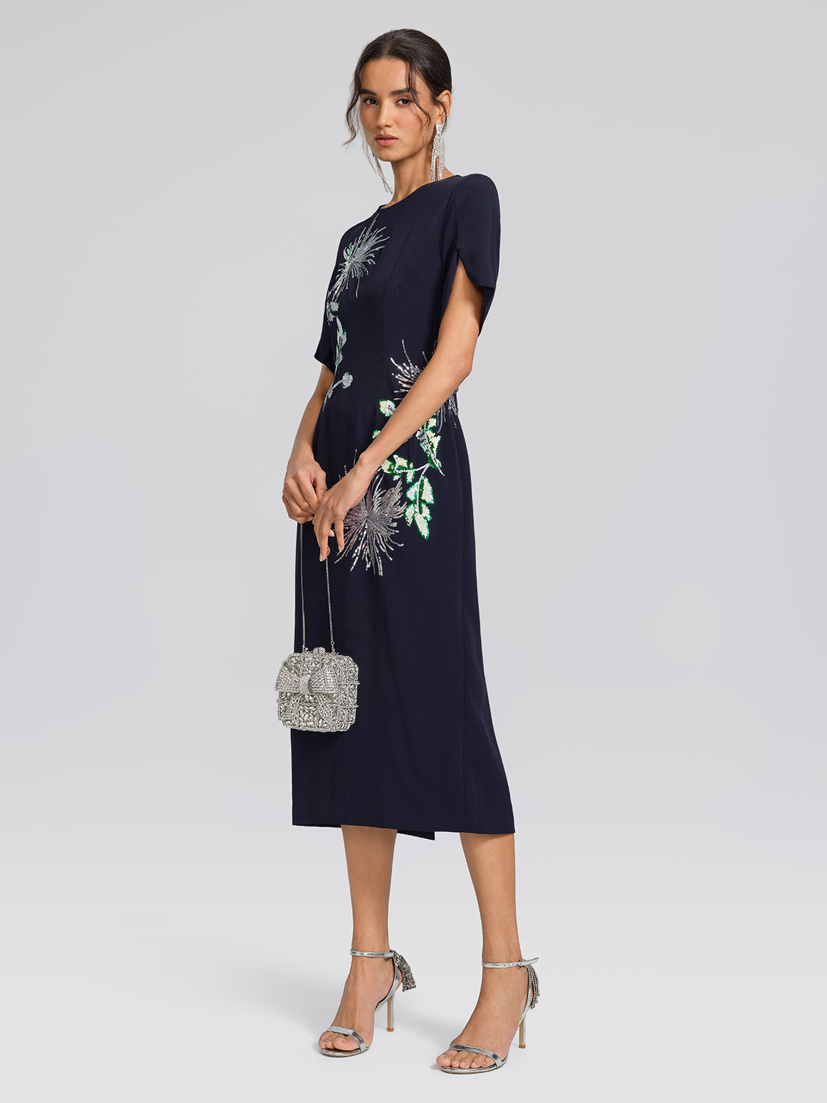 Navy Sequin Embroidered Short-Sleeve Dress