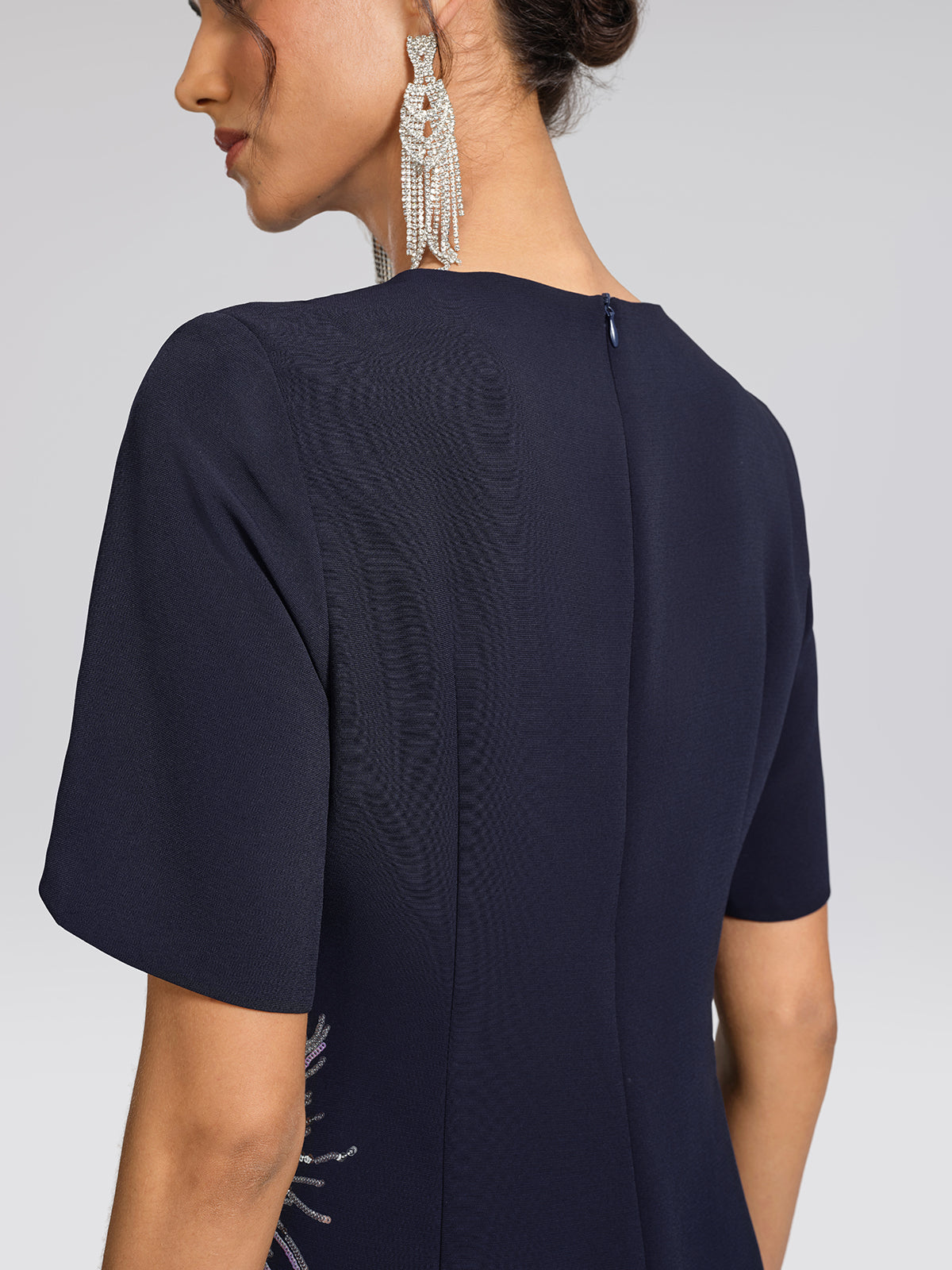 Navy Sequin Embroidered Short-Sleeve Dress