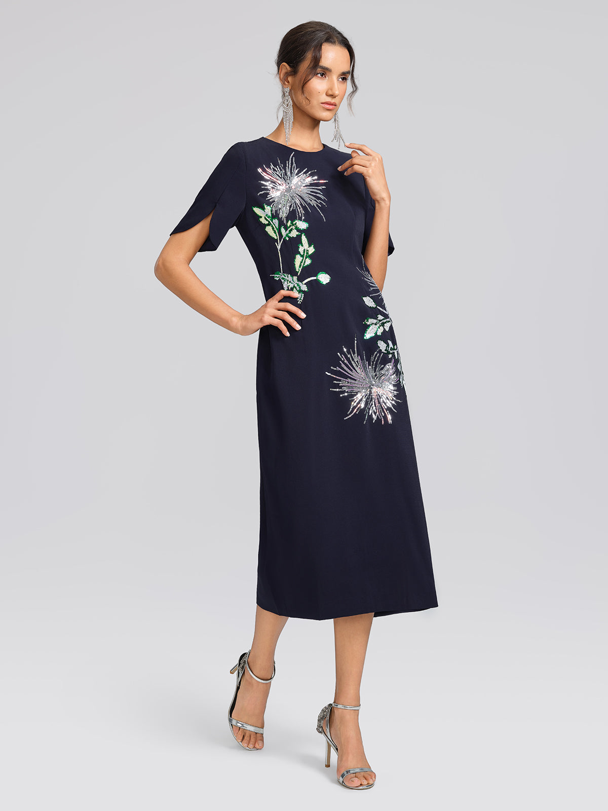 Navy Sequin Embroidered Short-Sleeve Dress