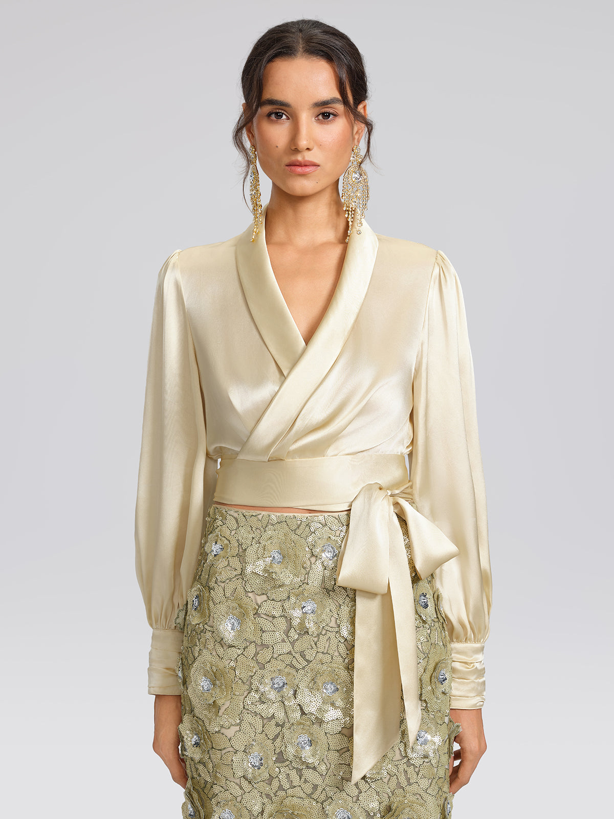 100% Silk Satin Adjustable Tie V-Neck Blouse