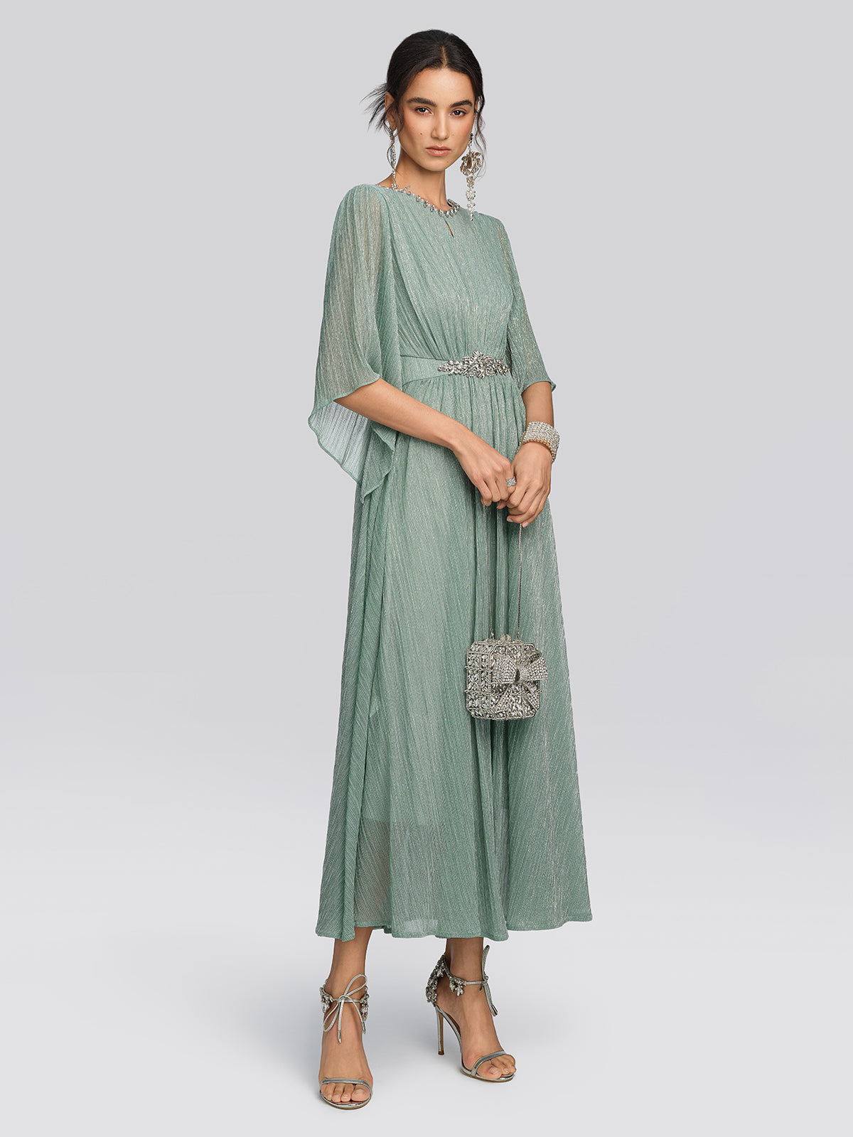 Metallic Pleated Tulle Layered Dress
