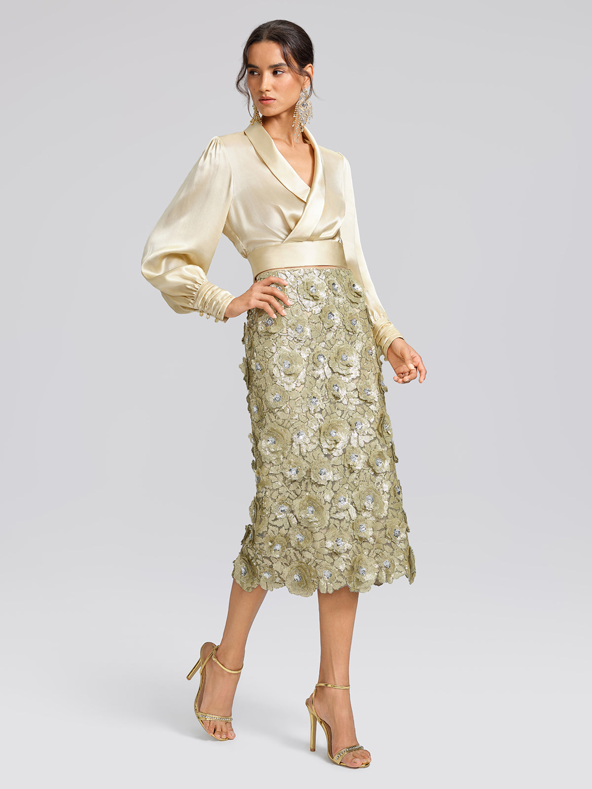 Allover Hand-Beaded Sequin Embroidered Floral Skirt