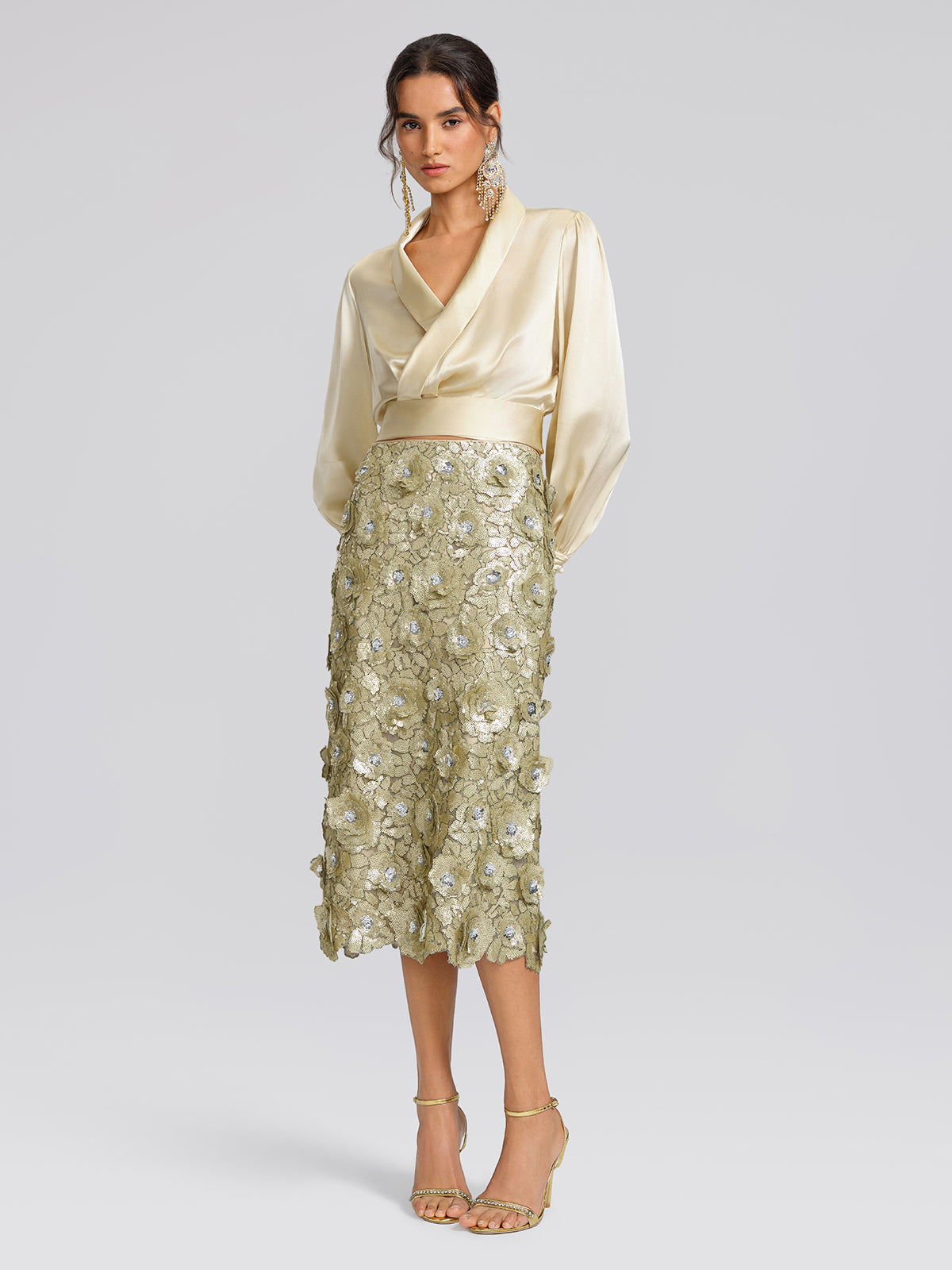 Allover Hand-Beaded Sequin Embroidered Floral Skirt