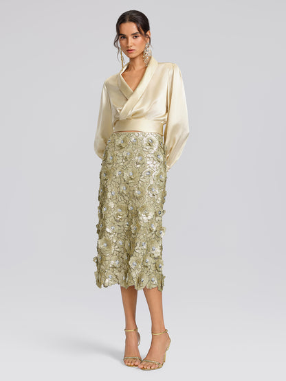 100% Silk Satin Adjustable Tie V-Neck Blouse