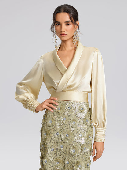 100% Silk Satin Adjustable Tie V-Neck Blouse