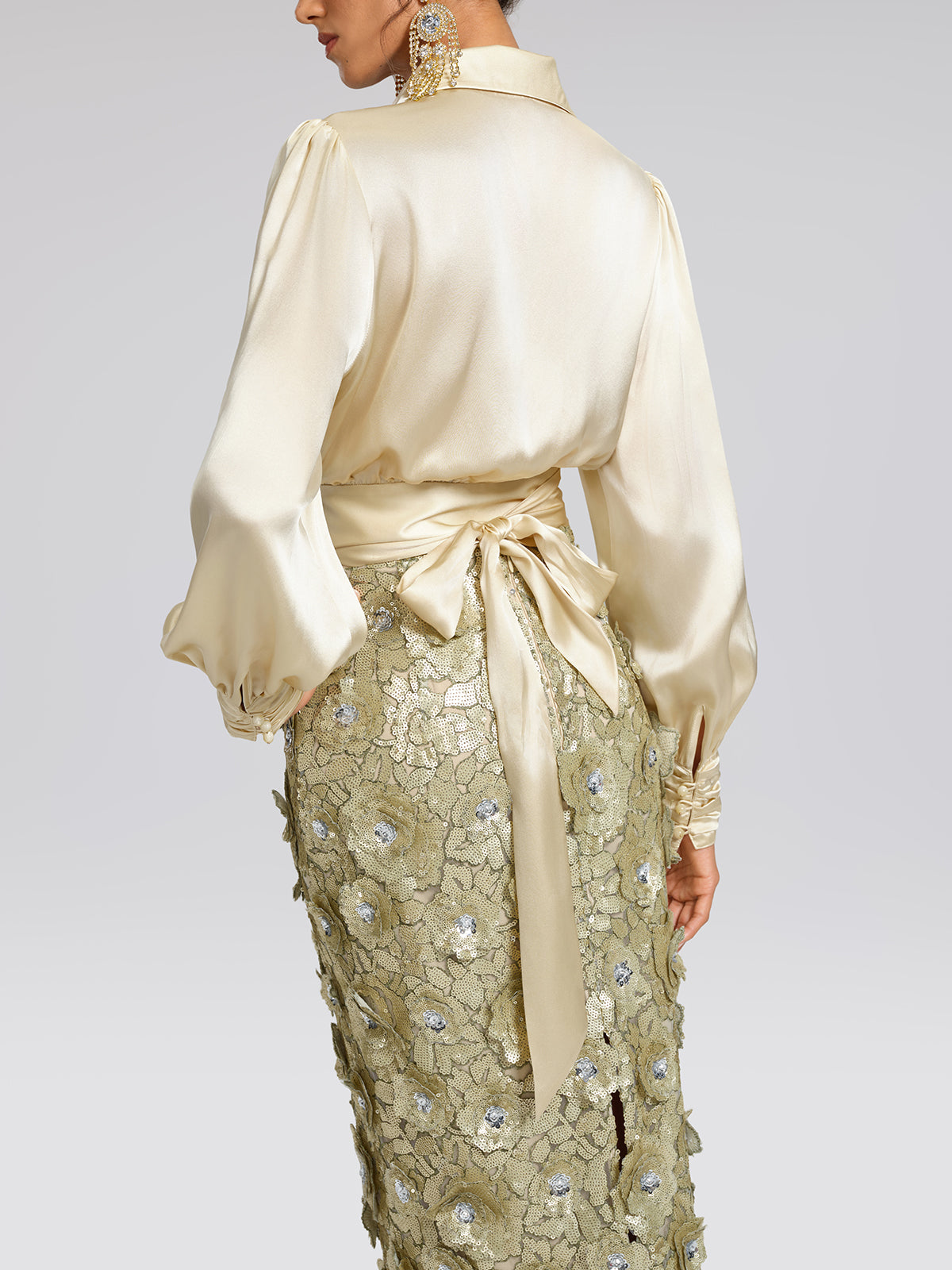 100% Silk Satin Adjustable Tie V-Neck Blouse