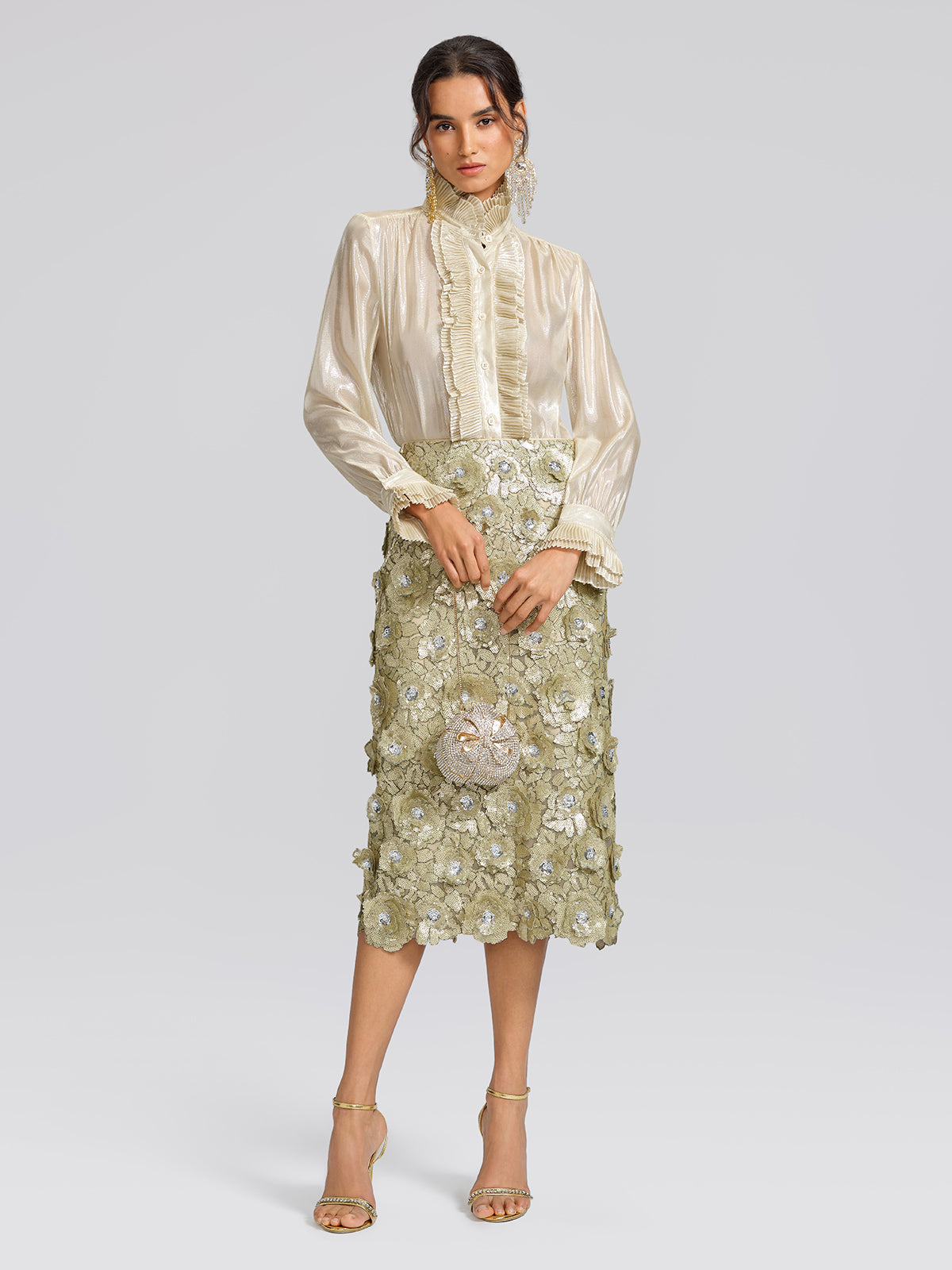 Allover Hand-Beaded Sequin Embroidered Floral Skirt