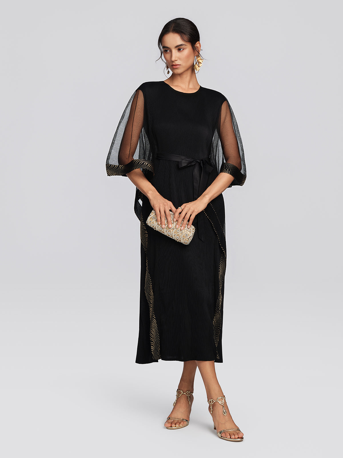 Pleated Mesh Gold Trim Dress