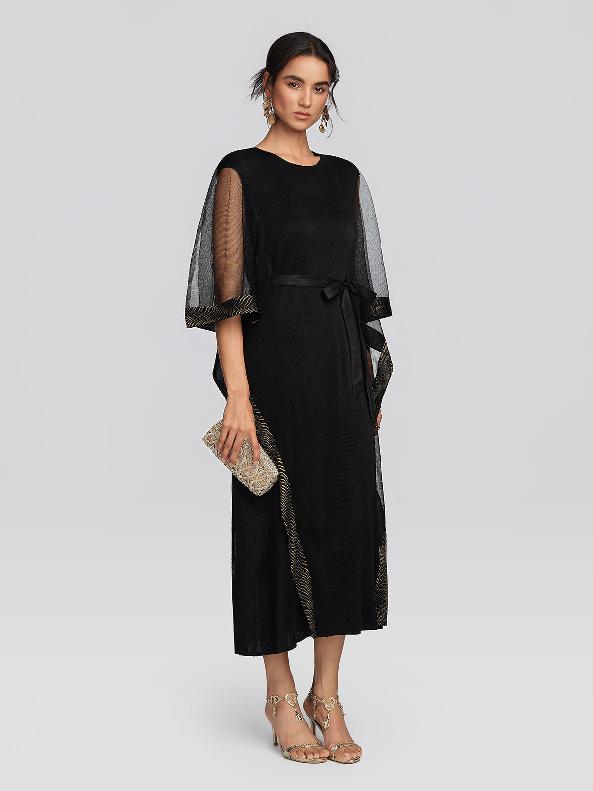 Pleated Mesh Gold Trim Dress