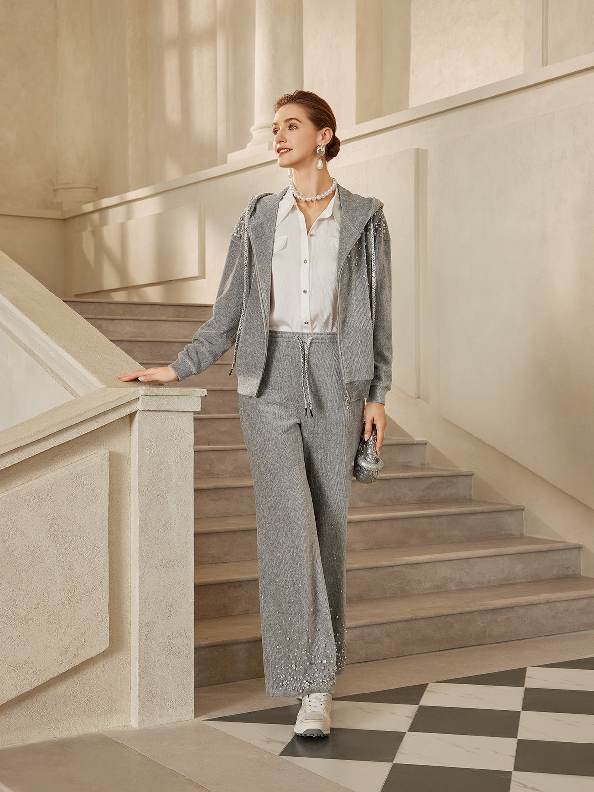 Chenille Ribbed Beaded Straight-Leg Pants