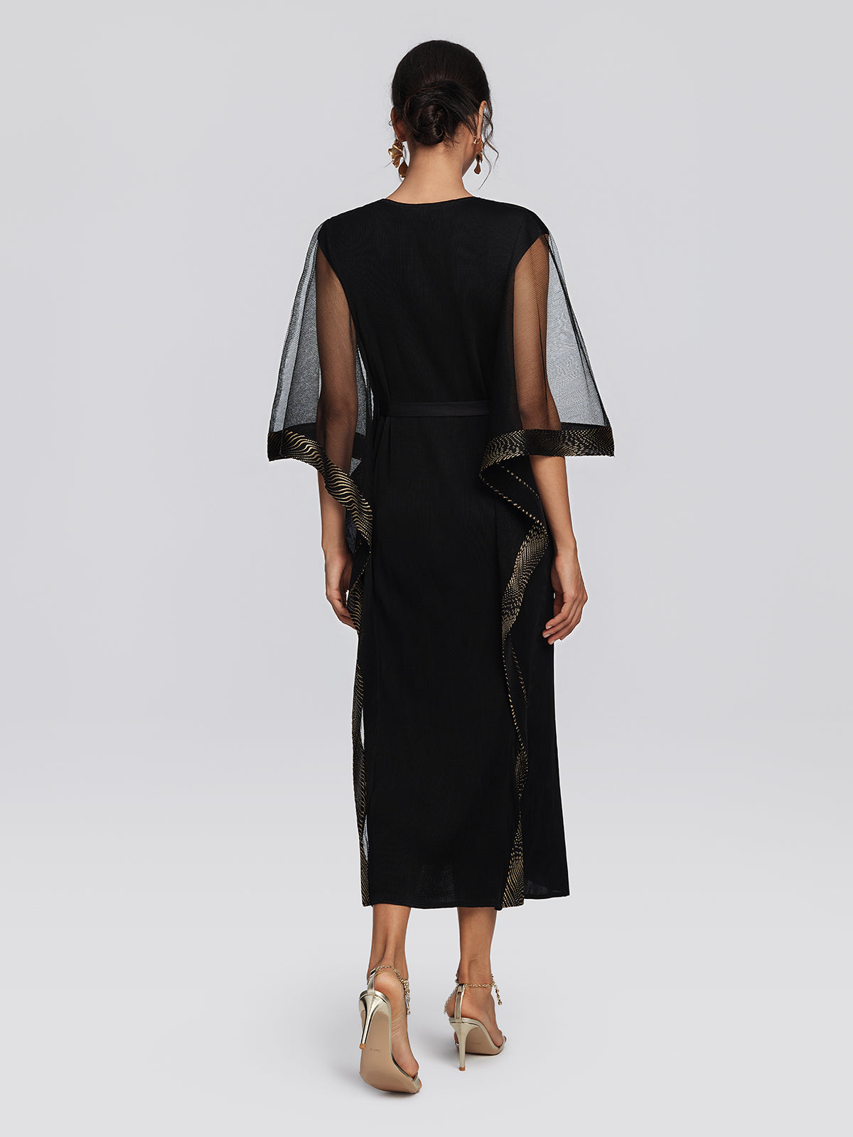 Pleated Mesh Gold Trim Dress