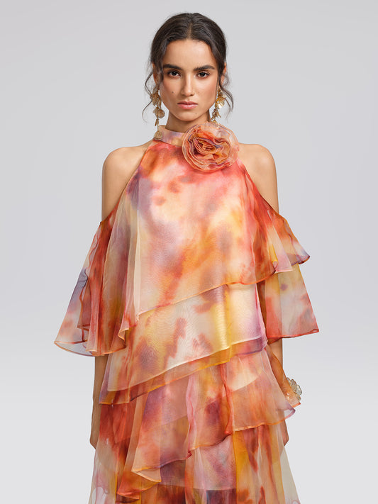Silk Tie-Dye Off-Shoulder Vacation Top (Detachable Floral Included)