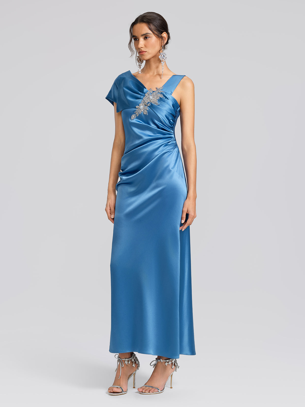 Beaded Satin Draped Waist Evening Dress