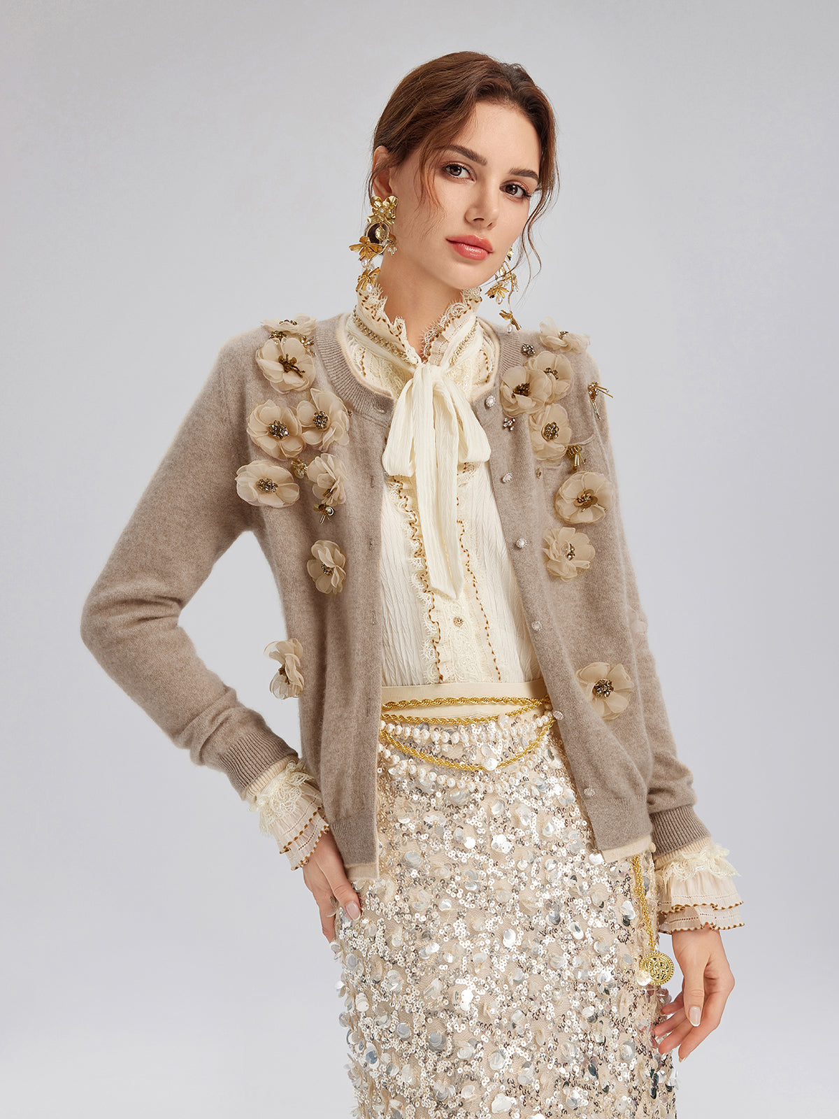 Pleated Lace-Ruffle Trim Bow-Tie Blouse