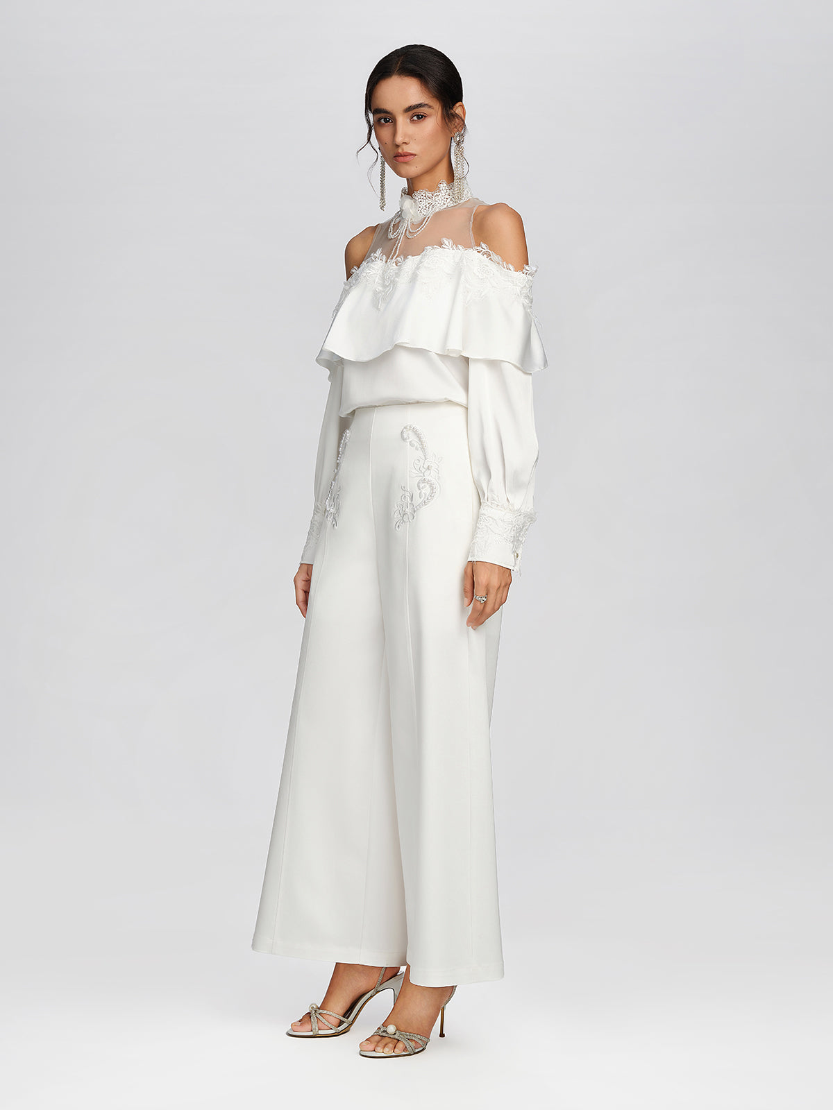 Woven Pearl Beaded Embroidered Wide-Leg Pants