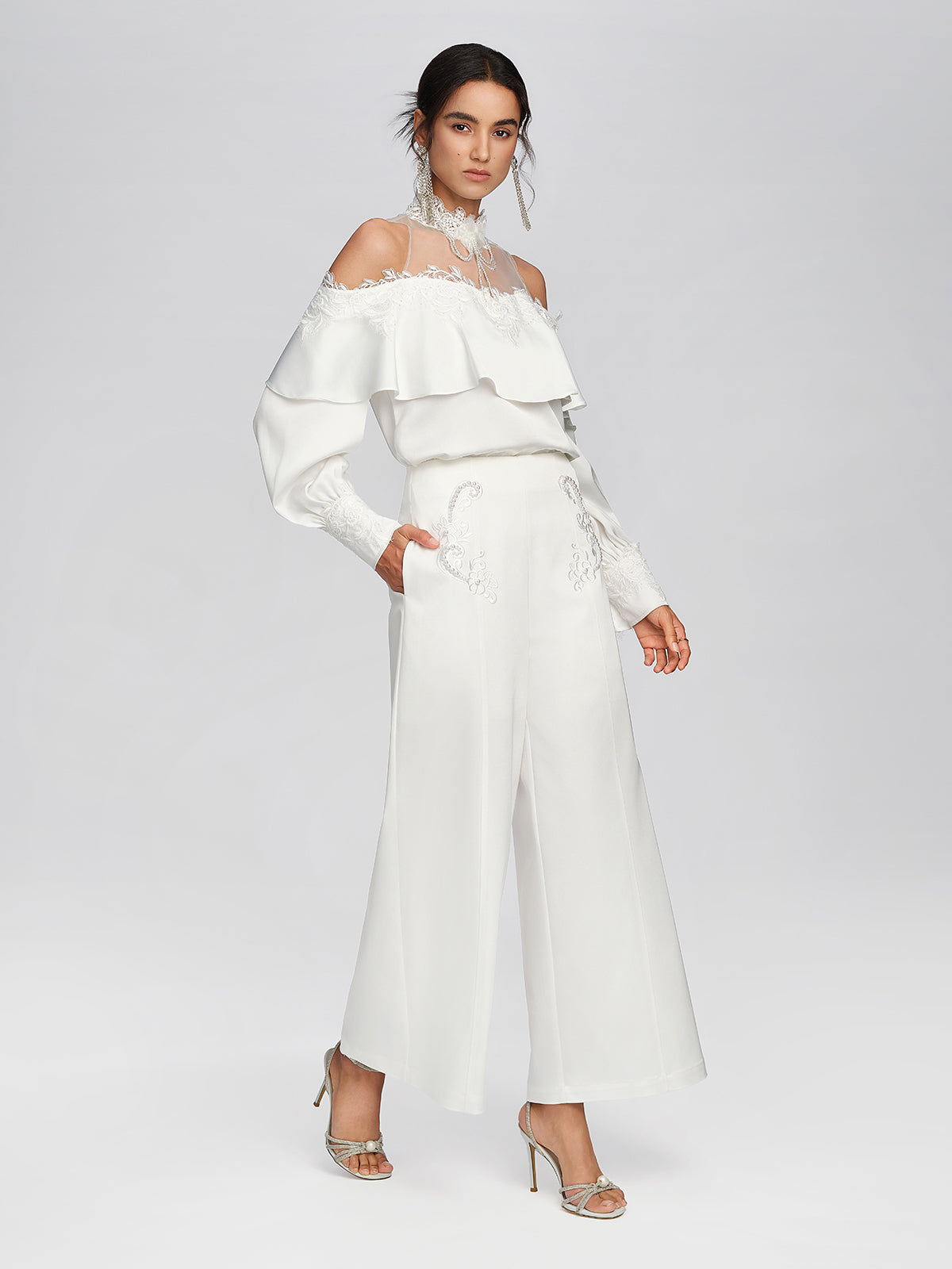 Woven Pearl Beaded Embroidered Wide-Leg Pants