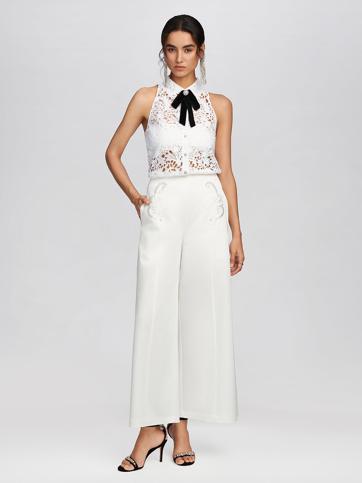 Guipure Lace Halter Rhinestone Button Top