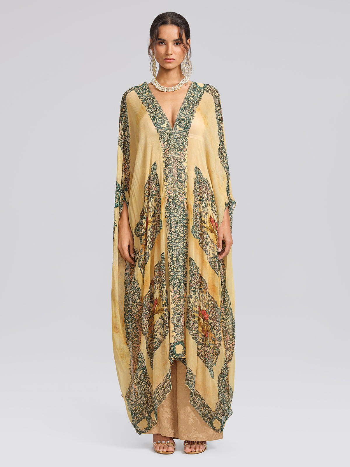 100% Tasar Printed Batwing-Sleeve Vacation Cover-Up