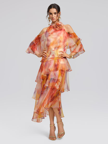 Silk Tie-Dye Off-Shoulder Vacation Top (Detachable Floral Included)