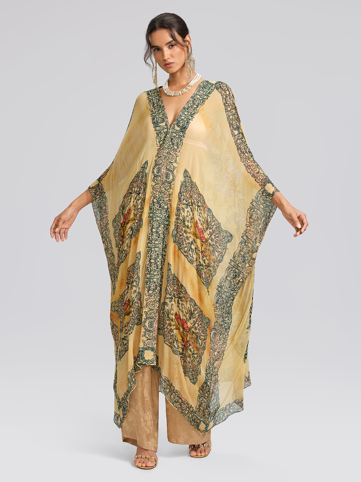 100% Tasar Printed Batwing-Sleeve Vacation Cover-Up