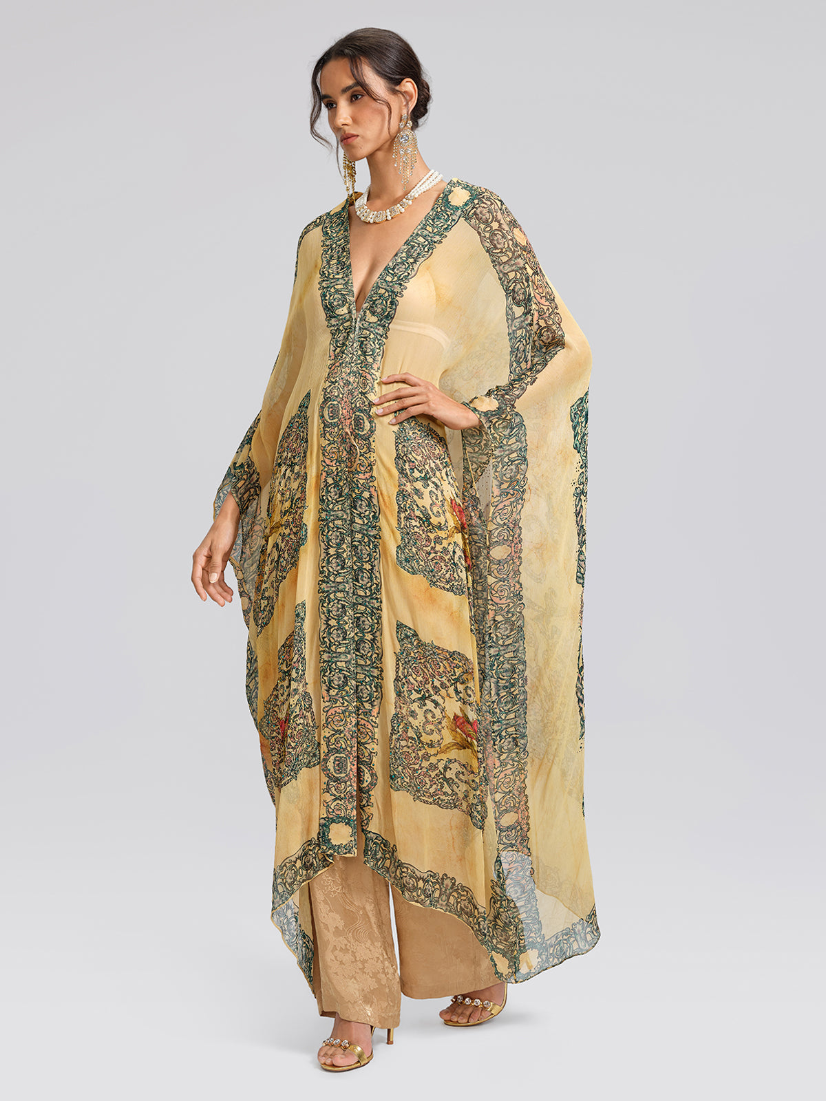 100% Tasar Printed Batwing-Sleeve Vacation Cover-Up