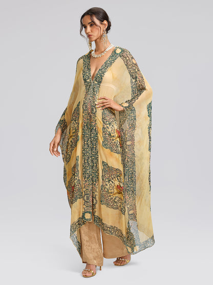 100% Tasar Printed Batwing-Sleeve Vacation Cover-Up