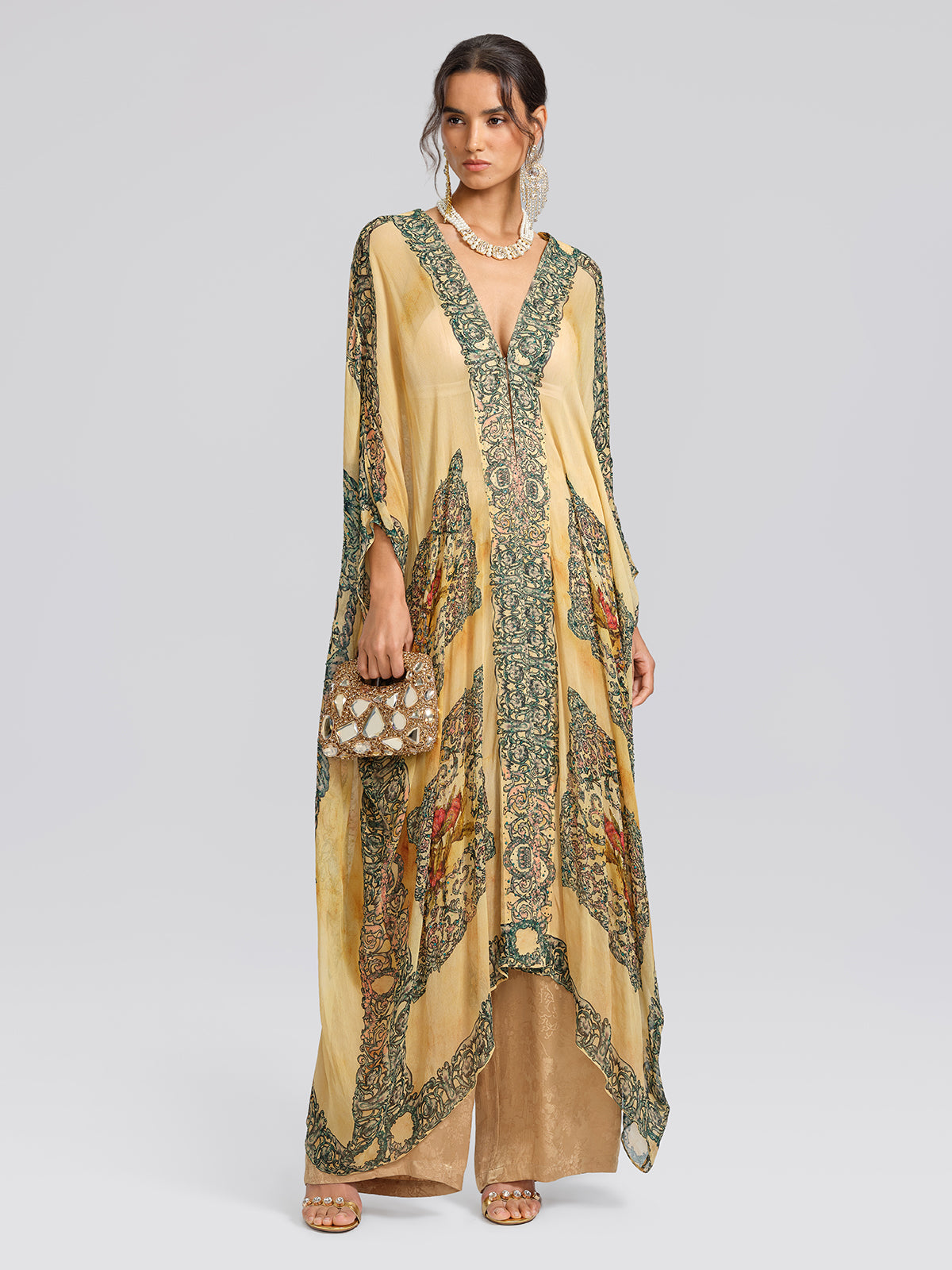 100% Tasar Printed Batwing-Sleeve Vacation Cover-Up