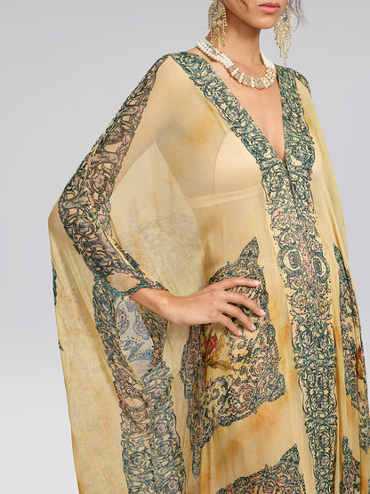 100% Tasar Printed Batwing-Sleeve Vacation Cover-Up