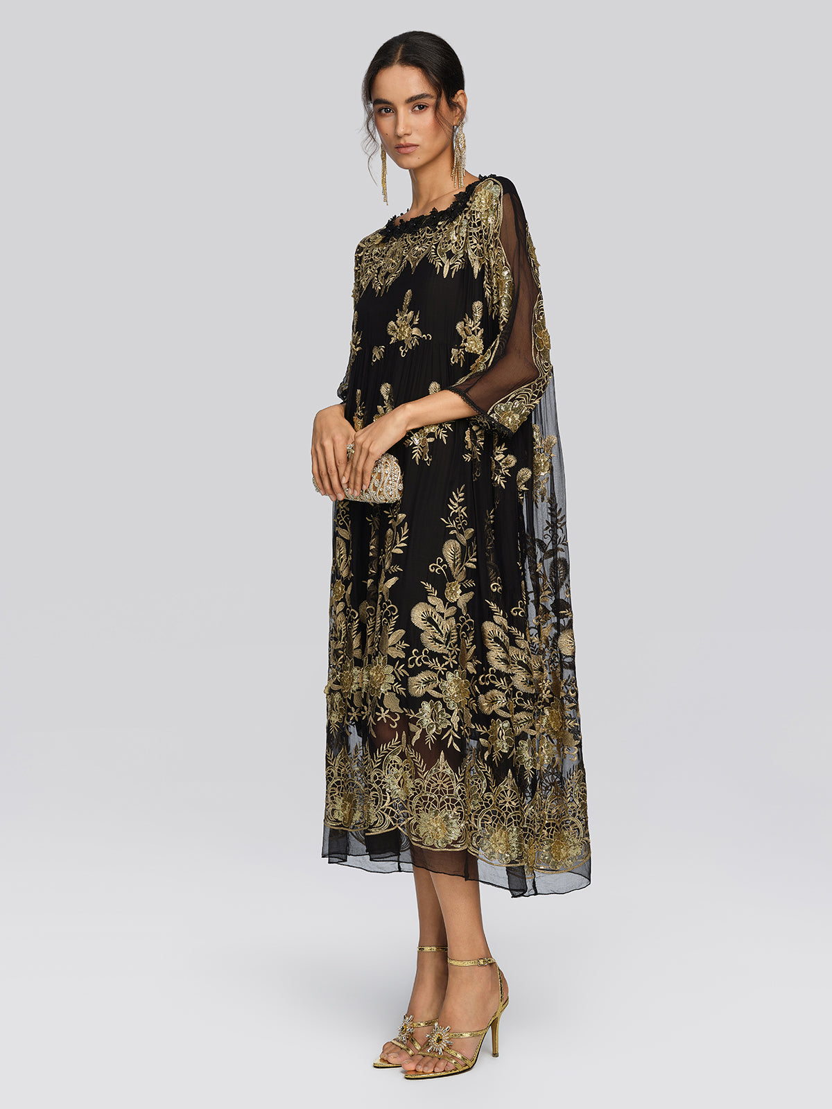Silk Gold Sequin Floral Embroidery Dress