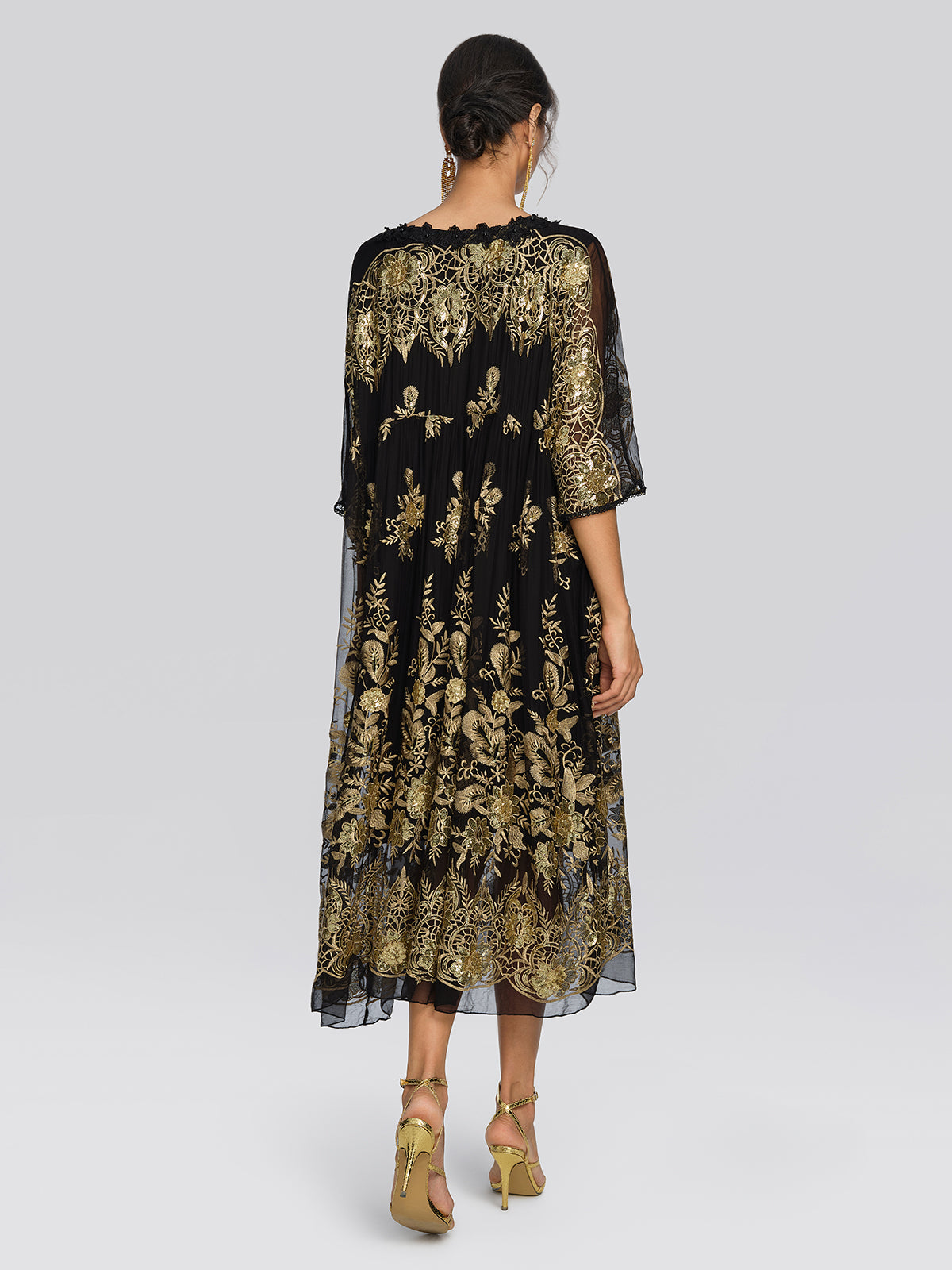 Silk Gold Sequin Floral Embroidery Dress