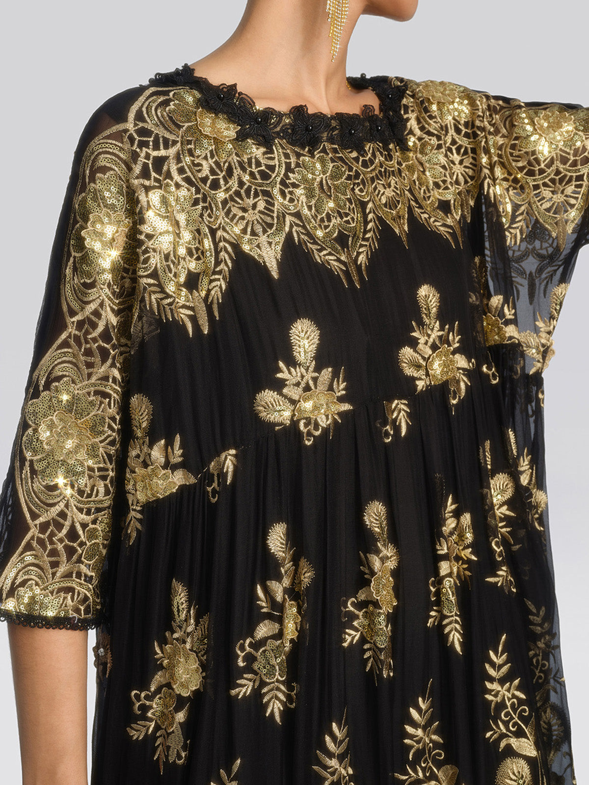 Silk Gold Sequin Floral Embroidery Dress