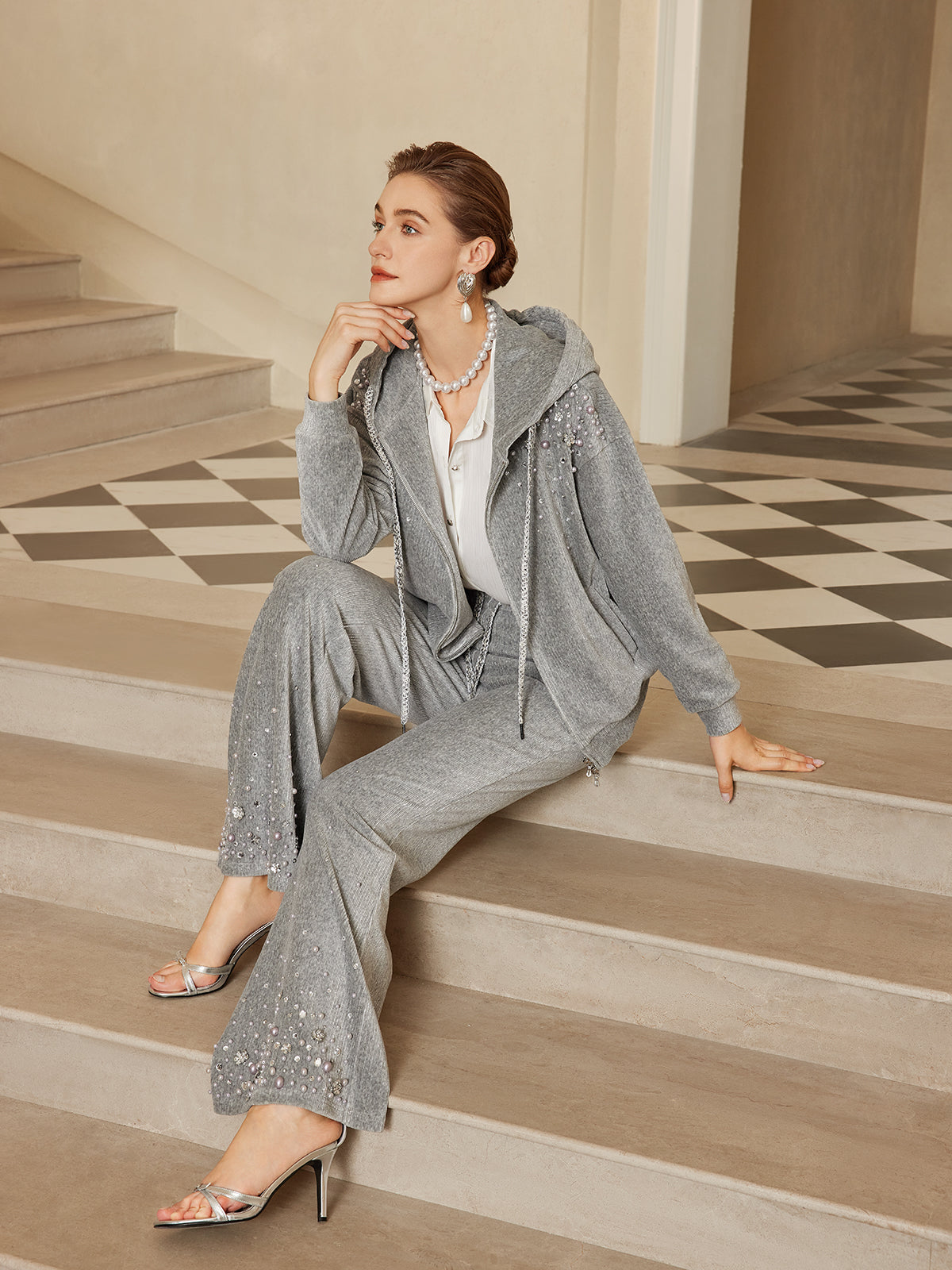 Chenille Ribbed Beaded Straight-Leg Pants