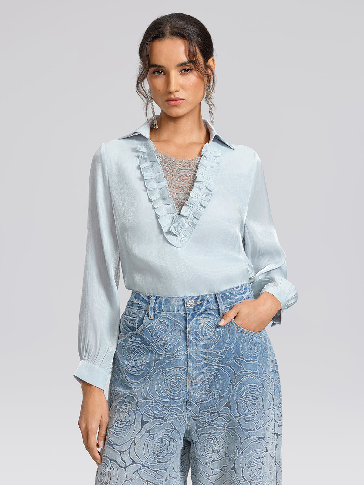 Pearlescent Beaded V-Neck Shirt
