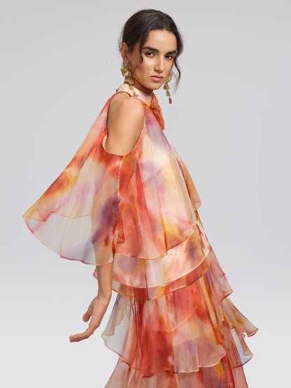 Silk Tie-Dye Off-Shoulder Vacation Top (Detachable Floral Included)