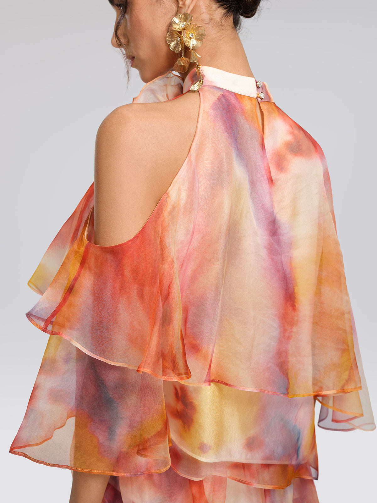 Silk Tie-Dye Off-Shoulder Vacation Top (Detachable Floral Included)