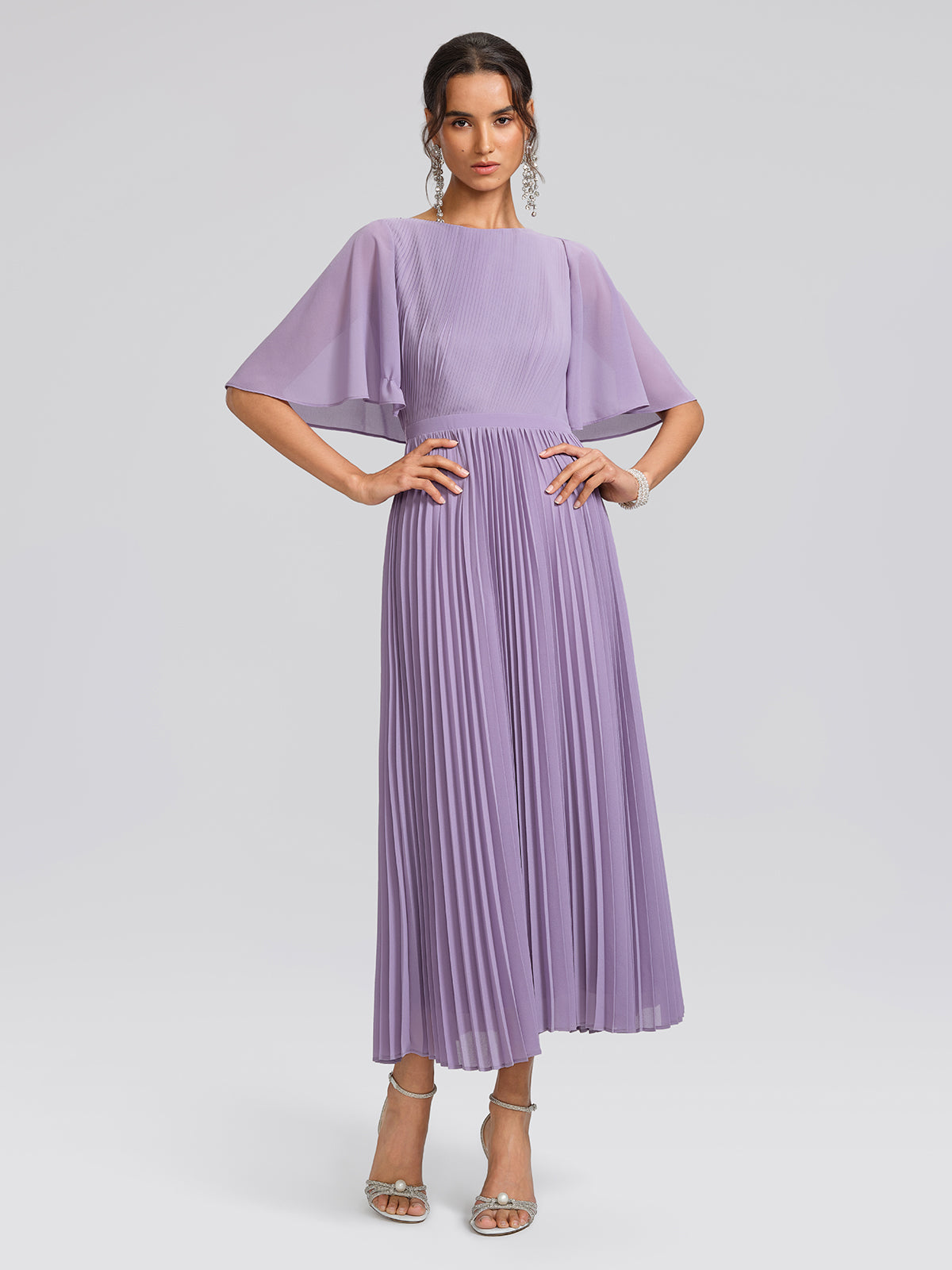 Embroidered Pleated Maxi Dress (Detachable Floral & Waist Tie Included)