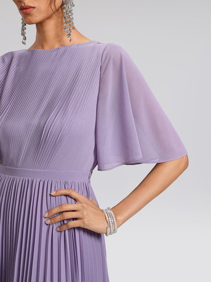 Embroidered Pleated Maxi Dress (Detachable Floral & Waist Tie Included)