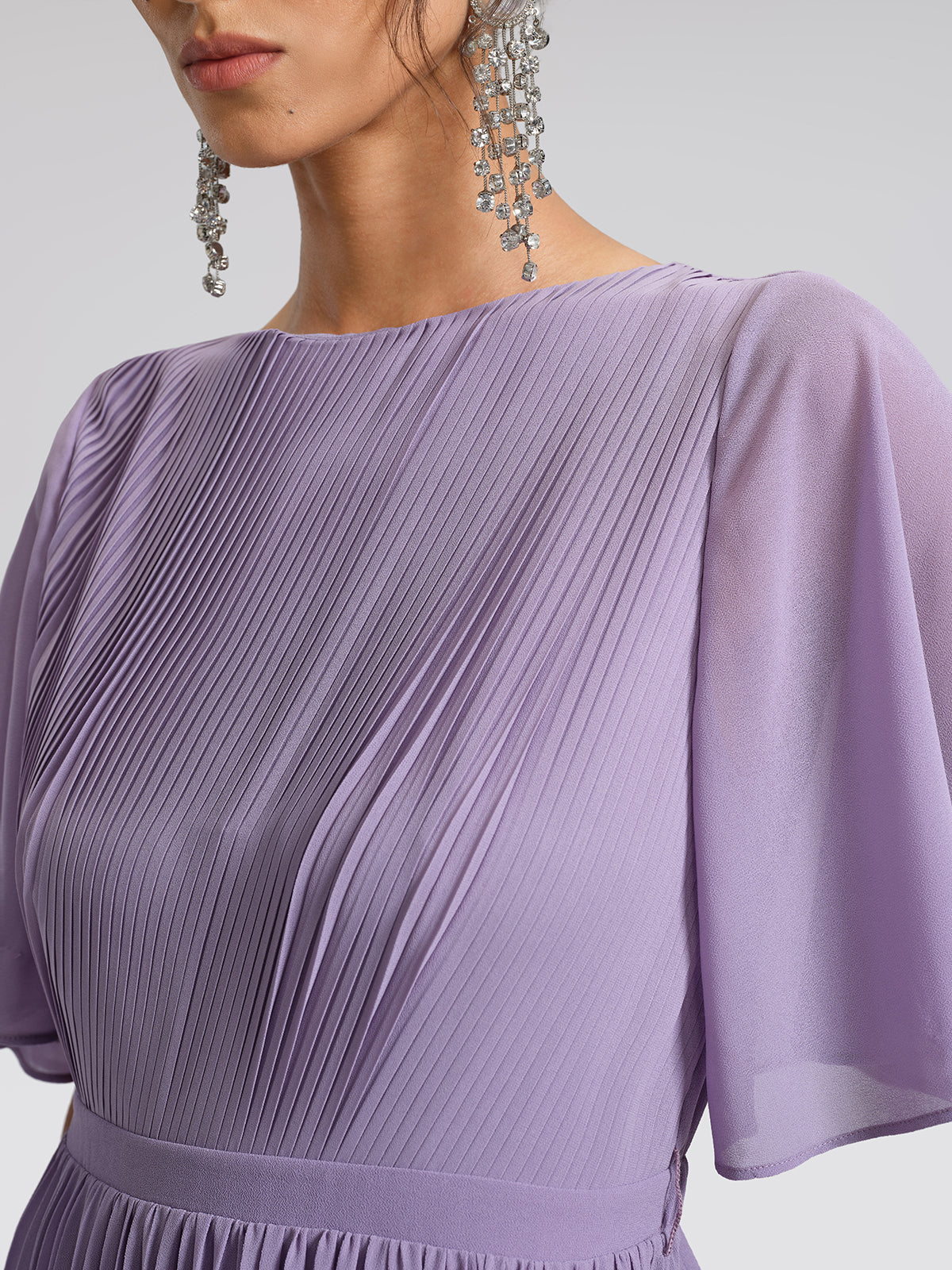 Embroidered Pleated Maxi Dress (Detachable Floral & Waist Tie Included)