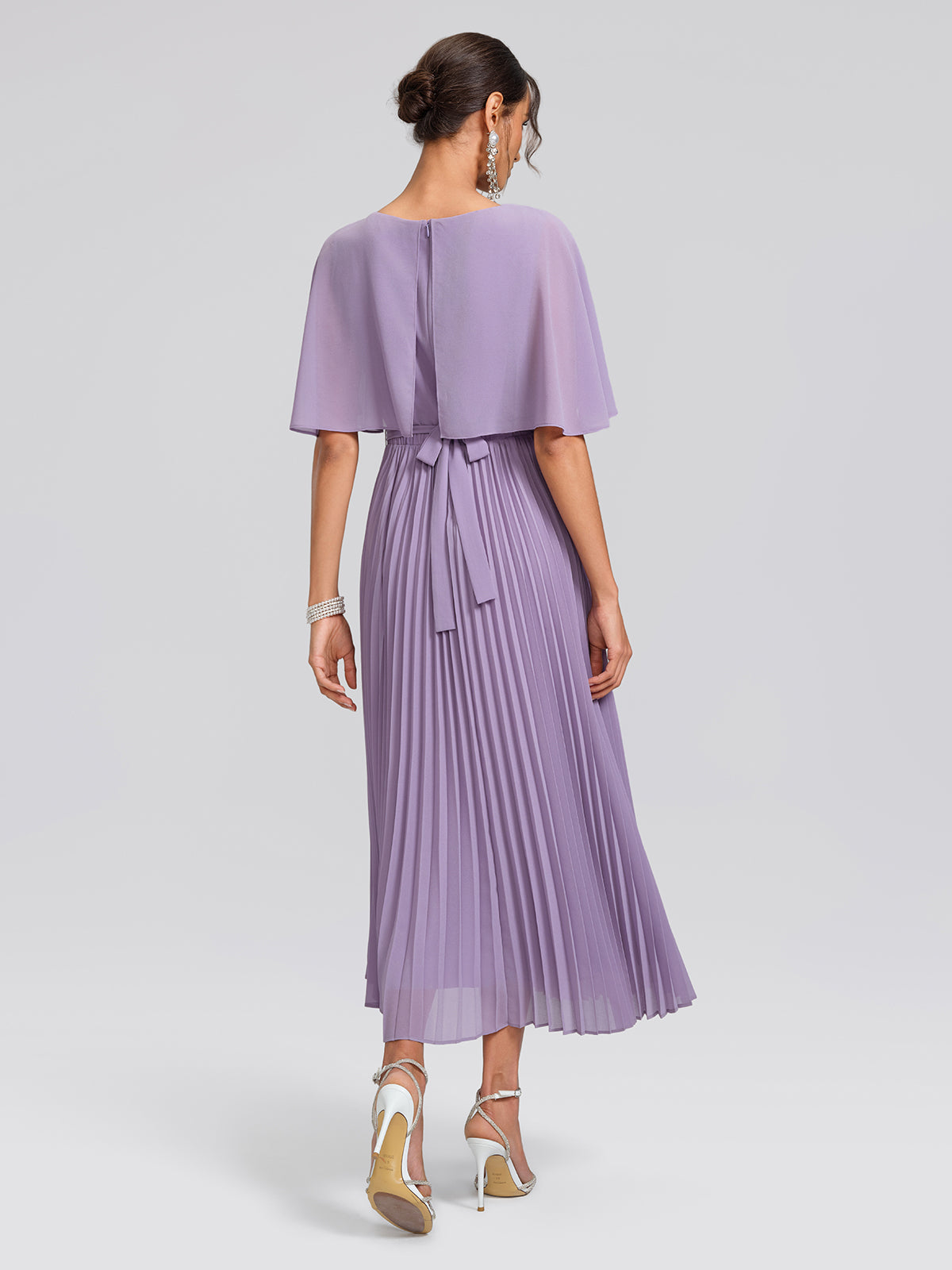 Embroidered Pleated Maxi Dress (Detachable Floral & Waist Tie Included)